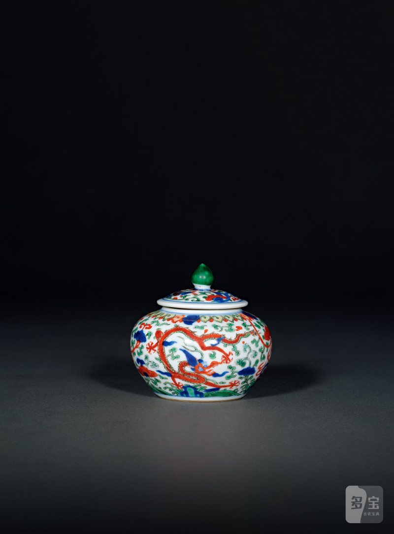 清雍正 青花五彩穿花龙纹宝珠钮盖水盂 - 图1
